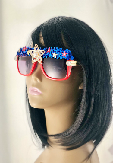 Bold Starbeam. Red Rim Blue Sequin 4Th Of July Patriotic Usa Sunglasses