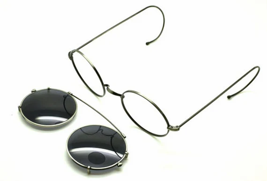 New Antique Silver Savile Row Style True Round Eyewear By Beuren Model 1700 With Padless Bridge, Curlsides & Matching Sun Clip B51+