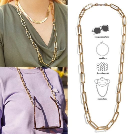 Multi Way Wear Gold Glasses Chain Necklace | Sunglasses Punk Funky Face Mask Unisex Men's Accessory