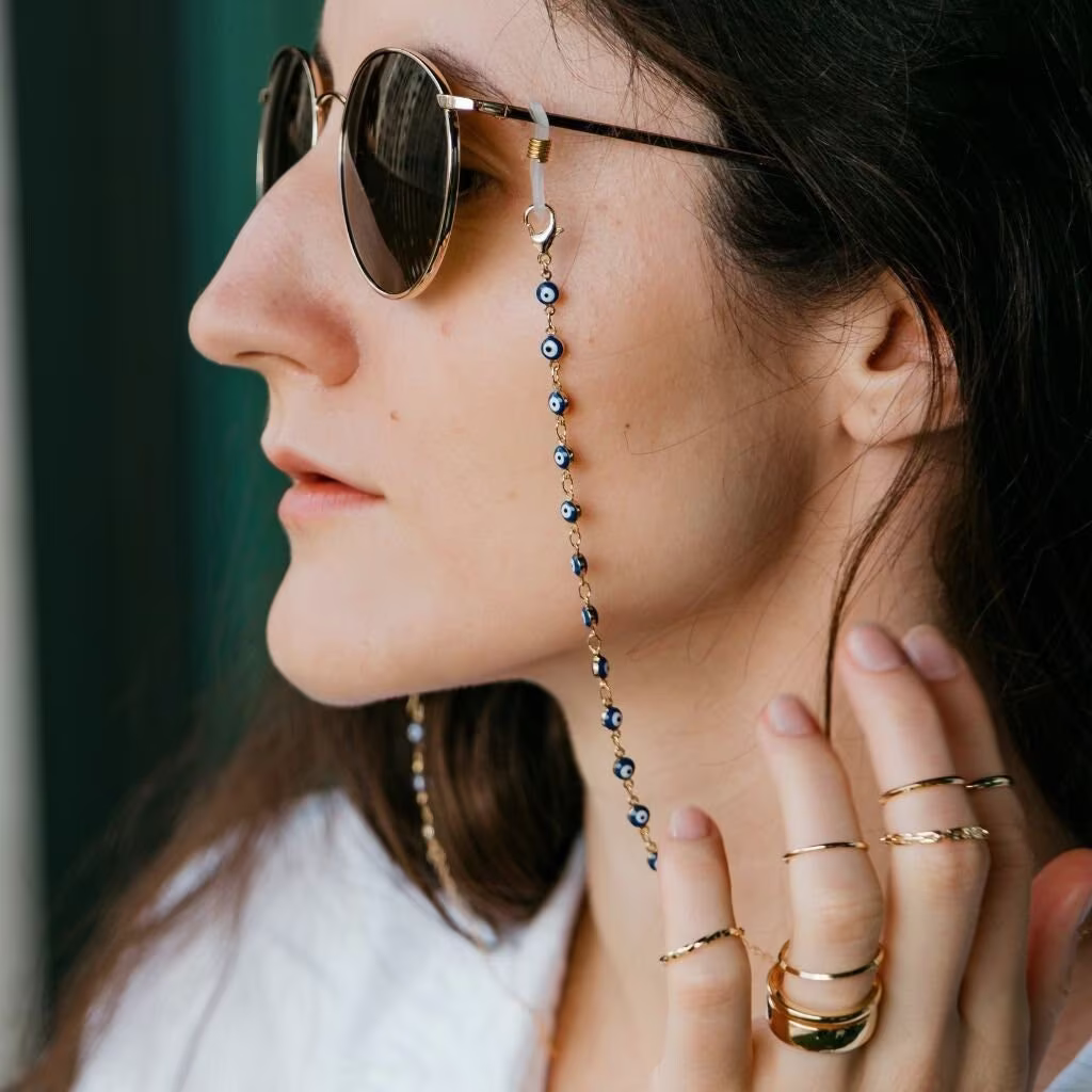 Gold Blue Evil Eye Bead Mask & Sunglass Chain Holder, Summer Reading Eyeglass Lanyard, Turkish Glasses Detachable Lanyard