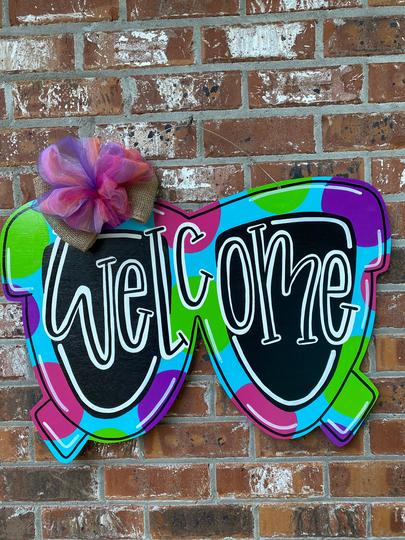 Welcome Door Hanger, Sunglasses Wood Cut Out, Hand Painted
