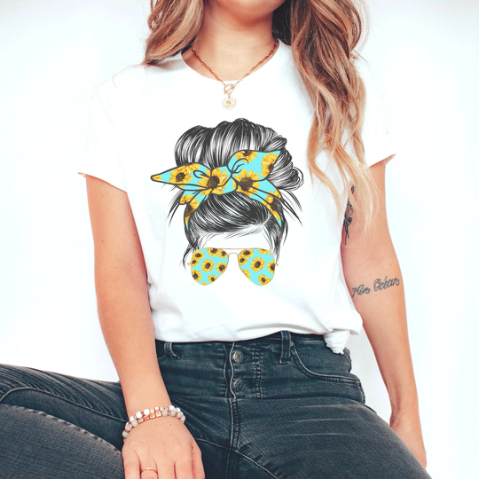 Sunflower Messy Bun Sunglasses T-Shirt Mom T Shirt Casual Summer Tees For Women Trendy Shirts Ladies Birthday Gift Her