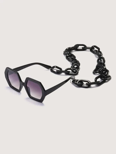 Gothic Sunglasses Chain Necklace Luxury Polygon Square Oversize Sun Glasses Women Men Punk Eyewear Shades