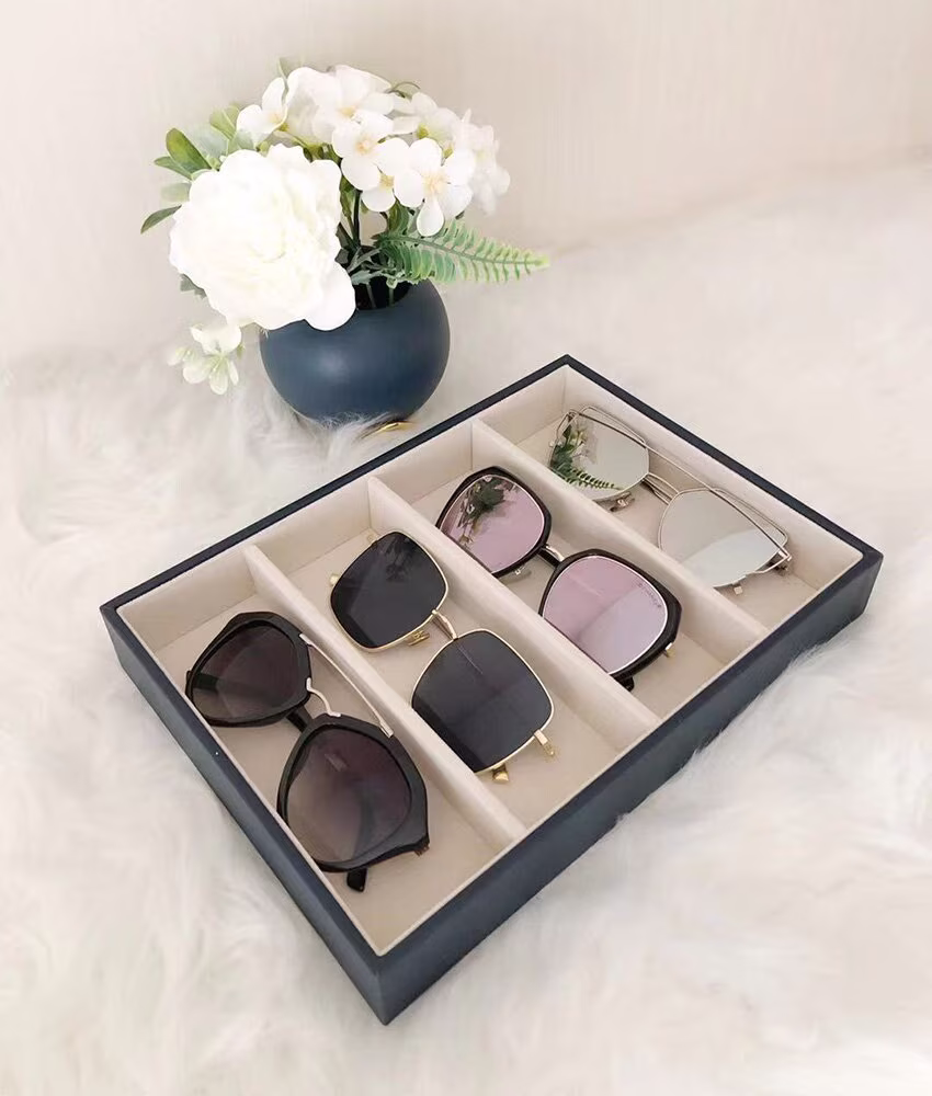 Stackable Sunglasses Trays Eyewear Storage Organizer Premium Quality Dark Blue Pu Leather Soft Velvet Maximum Protection Drawer Divider