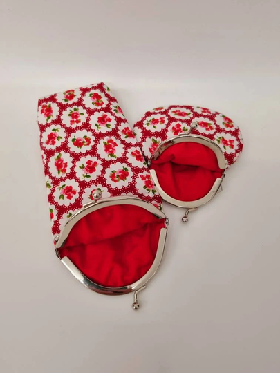 Red & White Floral Glasses Coin Purse Set/Kiss Clasp Purse/Kiss Case/Change Purse/Red Eyewear Case/Reading