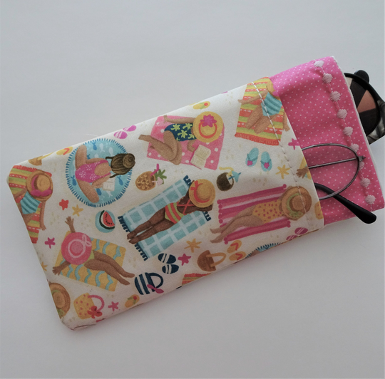 Double Eyeglass Case, Case For 2 Pairs Of Glasses, Sunglass Ladies On Beach Fabric Eyewear Pouch, Beach, Summer, Coastal