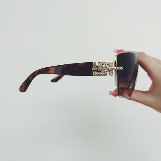 Vintage Versace Tortoise Rimless Shell Wrap Around Sunglasses Tinted Lenses Gold Rhinestone Detail Y2K 00S 90S