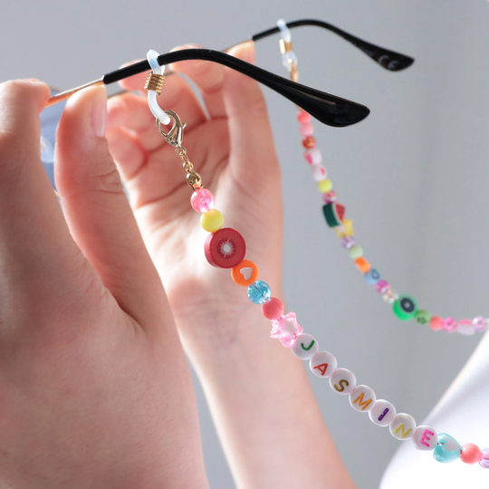 Personalized 90S Inspired Trendy Sunglasses Holder Customizable Gift For Girl Custom Word Rainbow & Fruit Lanyard