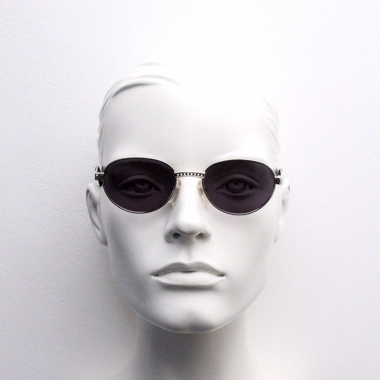 Prestige 90S Metal Oval Vintage Sunglasses Model 128 Made in Italy. Detailed Silver Chrome Frame With Cut Outs & Black Lenses. Unused Nos