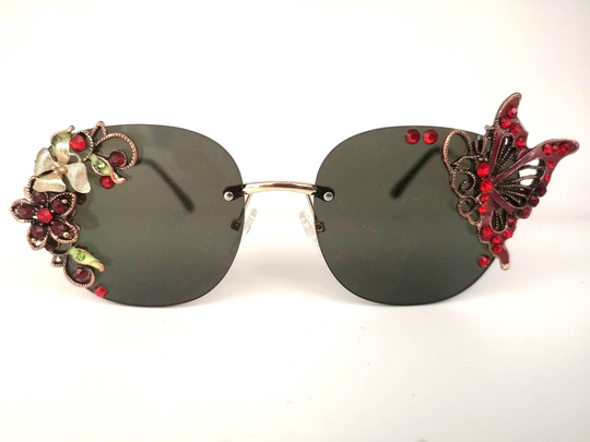Black Rimless Statement Sunglasses With Diamante Butterfly Details