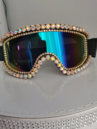 Diamante Festival Fashion Goggles With Rainbow Lenses. Great For Burningman, Festivals, Raves & Clubbing. Eye Wear. Bling Goggles