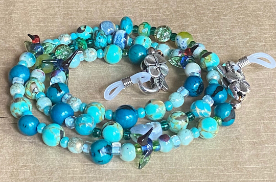 Hummingbird Jewelry Lanyard, Turquoise Gemstone Lanyard, Eyeglass Holders, Bird Bead Lanyard Necklace