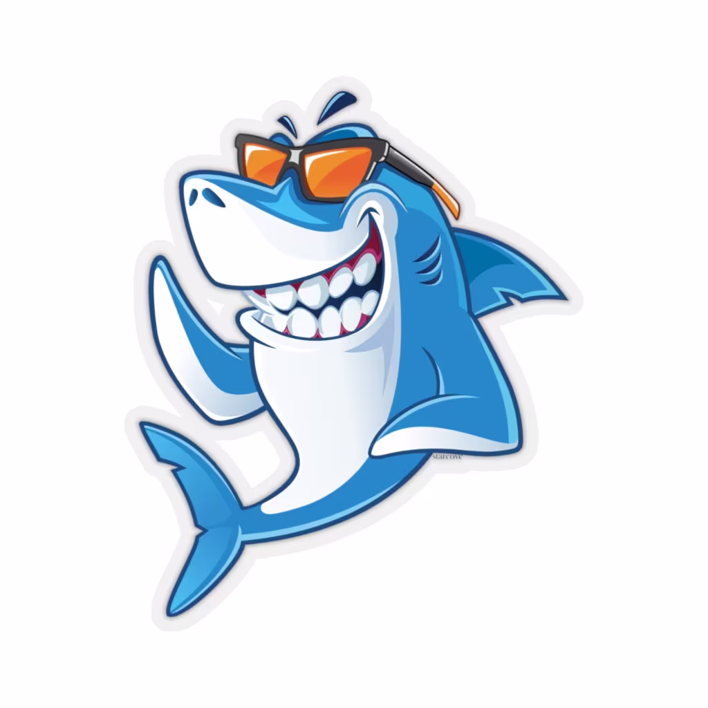 Blue Shark Sticker, Sunglasses Fish Laptop Decal Vinyl Cute Waterbottle Tumbler Car Waterproof Bumper Aesthetic Die Cut Wall Mural