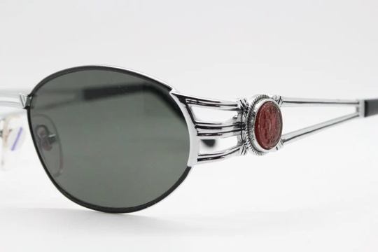 90S Vintage Chrome Sunglasses. Striking Bright Silver Oval Frame With Big Crest & Ornate Arms