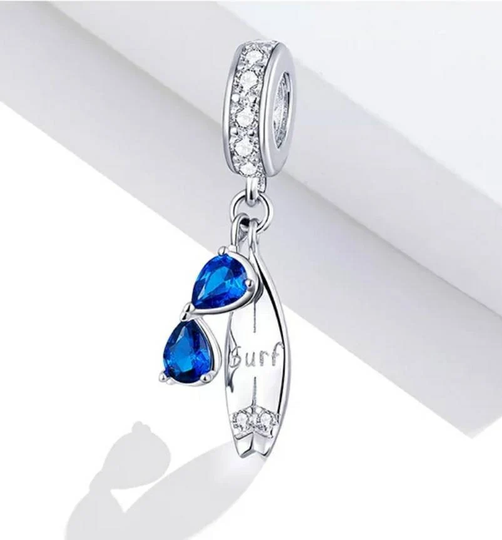 Silver Surfboard & Sunglasses Charm, Surf Bracelet Pandora Charms, Surfer Gift, Holiday Charms