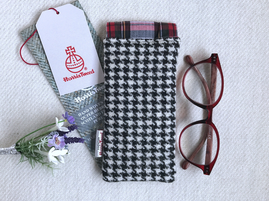 Harris Tweed Glasses Case, Black & White Dog Tooth Check, Protection For Sunglasses, Gift A Man
