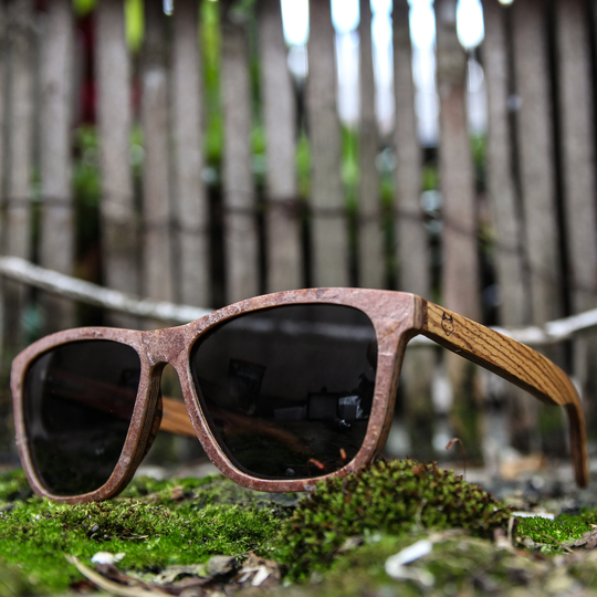 Red Stone & Zebra Wood Sunglasses, Wayfarer Sunglasses With Black Lenses, By Paul Ven, Stone Sunglases