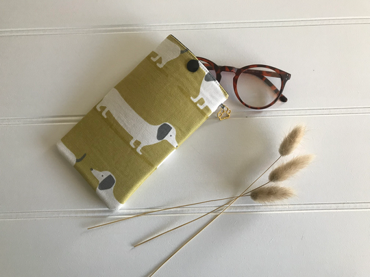 Soft Mustard Yellow Cotton Glasses Case With Fun Dachshund Design, Ochre Sausage Dog Or Sunglasses Gold Paw Print Charm