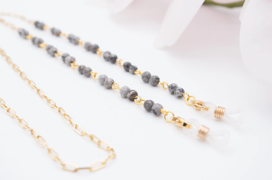 Glasses Chain With Rhodonite Pearls, For Sunglasses, Gold Gray