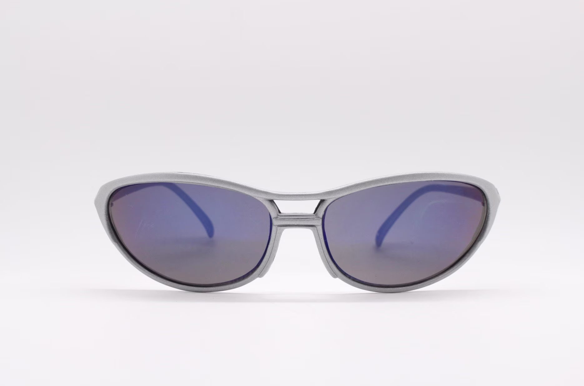 90S Vintage Wraparound Sunglasses. Oval Matt Silver Bug Eye Flexible Frame With Mirrored Lenses. Bnwt. Unused Nos