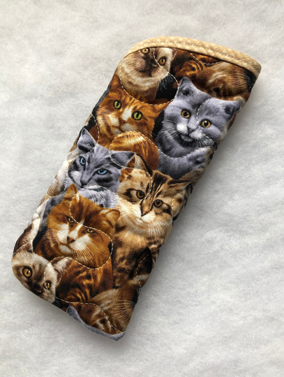 Quilted Eyeglass/Sunglass Case - Cats in Brown Tan Grey