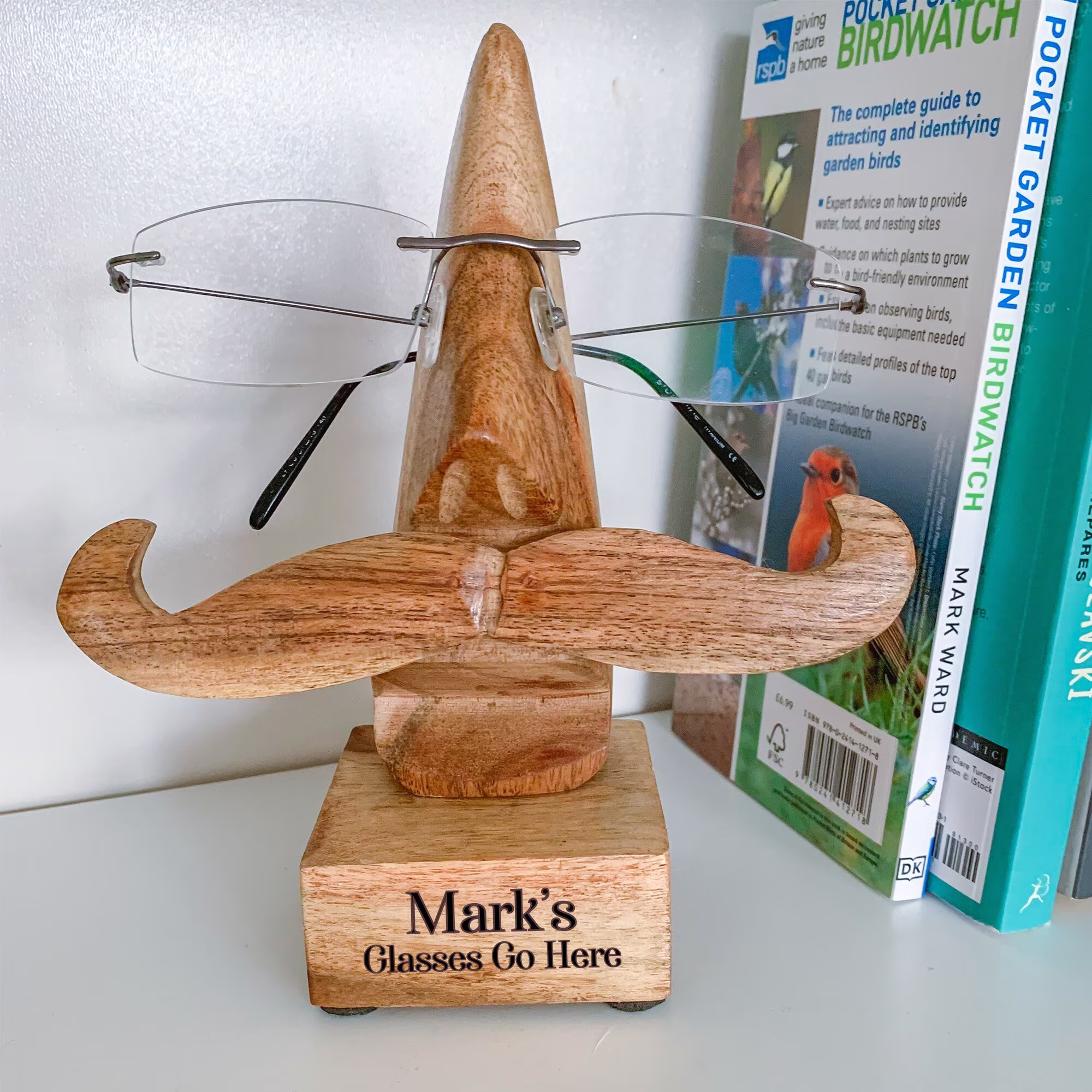 Personalised Wood Glasses Holder/Specs Stand Moustache Eyeglass Gift For Him Dad Grandad Father's Day Birthday Retirement Christmas