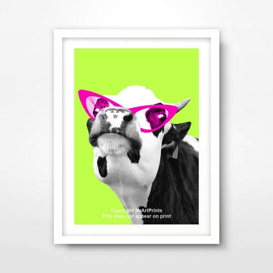 Cow in Funky Pink Glasses Sunglasses Portrait Art Print Bold Bright Colour Color Pop Decor Colourful Colorful Picture Poster Funny Animals