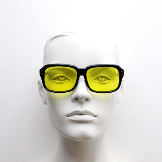 50S Vintage Rectangular Sunglasses. Mens Superior Quality Black Frame Authentic Driving Glasses With Blazing Yellow Lenses. Psychedelic 60S