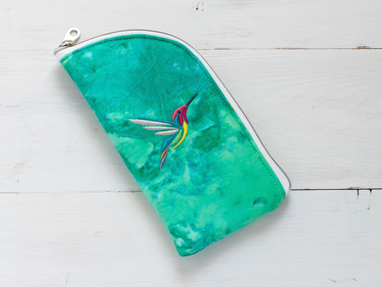 Hummingbird Embroidered Sunglasses Pouch, Green Eyeglass Case, Fabric Zipper Soft Holder, Padded Glasses Case