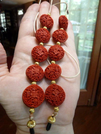 Red Cinnabar Wood Flower Carved Bead Brass Beads Beaded Eyeglass Leash Holder Chain Necklace E-96