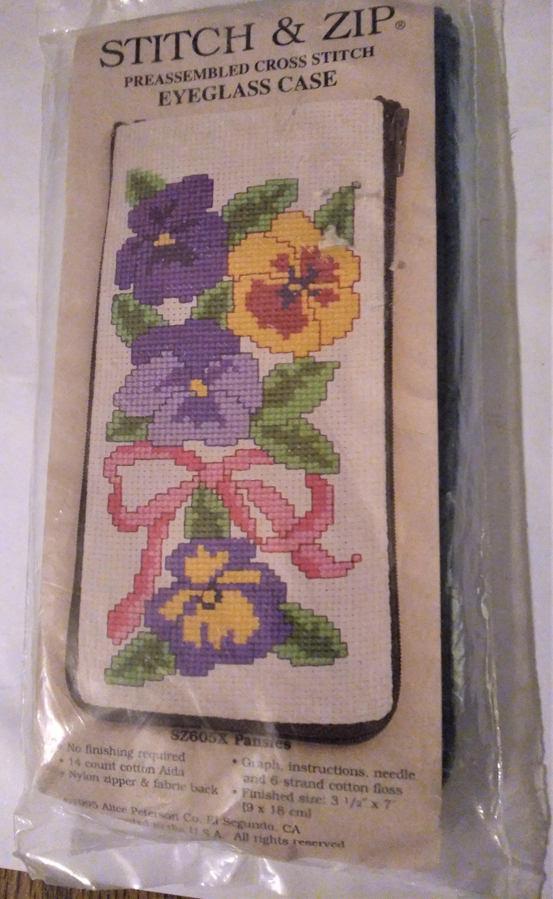 Alice Peterson Stitch & Zip Pre-Assembled Counted Cross Eyeglass Case Kit Pansies