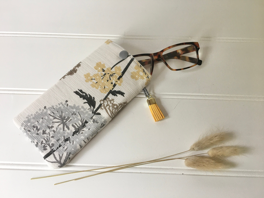Hedgerow Design Glasses Case With Rust Coloured Tassel, Soft Case, Pretty Cow Parsley Case, Soft Sunglasses Gift For Her