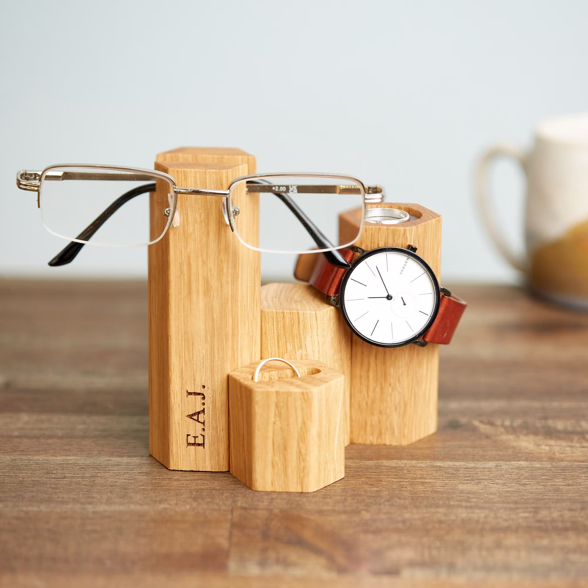 Personalized Oak Hex Glasses & Jewellery Stand/Dad Gift For Him Wood Watch Stand Bedside Organizer Personalised Display