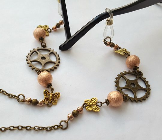 Steampunk Glasses Spectacles Chain Vintage Style Butterflies Bronze Cogs Sunglasses Cord
