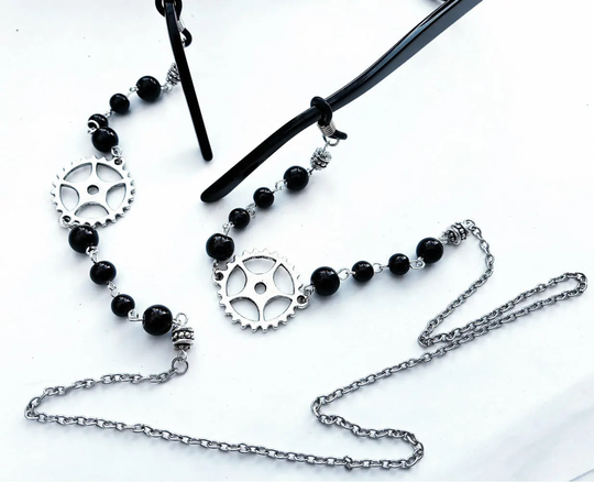 Steampunk Glasses Chain - Silver Cogs, Black Beads, Sunglasses Spectacles, Vintage Style