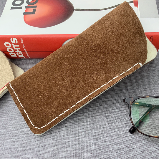 Brown Suede Leather Glasses Case - Wool Felt Lined To Keep Your Spectacles Safe