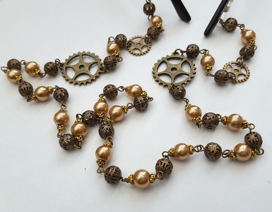 Steampunk Glasses Chain - Cogs, Antique Bronze & Pearl Beads, Sunglasses Spectacles, Vintage Style