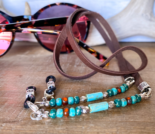 Eyeglass Chain With Turquoise Colored Glass Beads & Brown, Saddle Or Black Leather. Sunglasses Holder, Gifts For Men Women