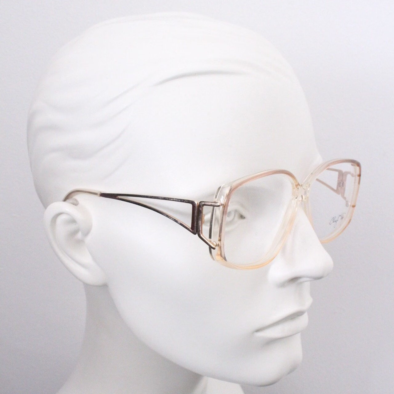 Cheryl Tiegs 80S Vintage Glasses Model 130. Transparent Optical Frames With Stylised Gold Metal Arm . Prescription Eyeglasses. Rx Spectacles