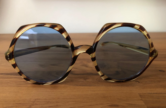Vintage 1960S Italian Mod Hexagon Sunglasses Honey Striped Blue Lenses