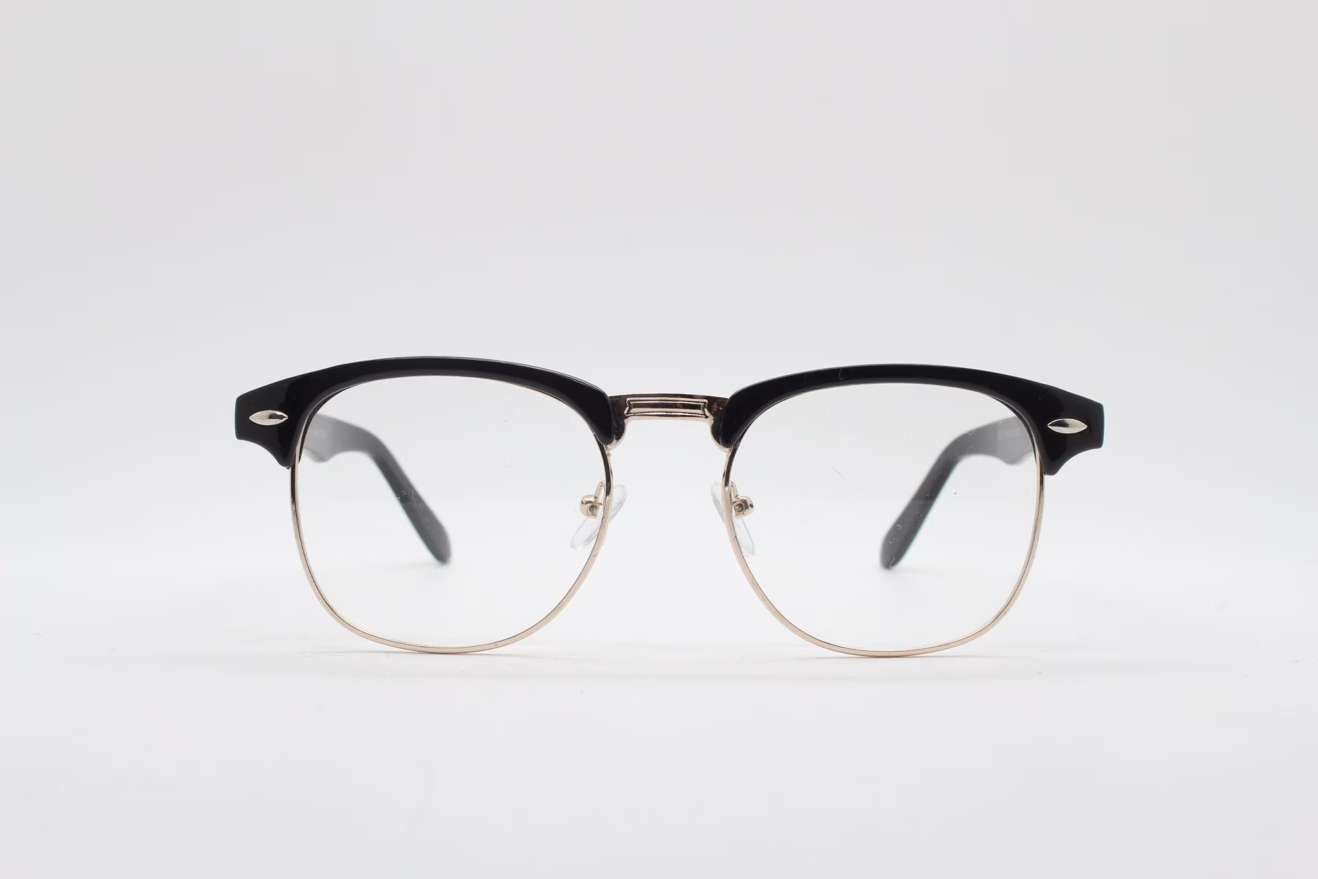 90S Vintage Clubmaster Style Glasses. Black Gloss Finish Browline With Gold Half Frame Eyeglasses. Classic Mens 50S, 60S