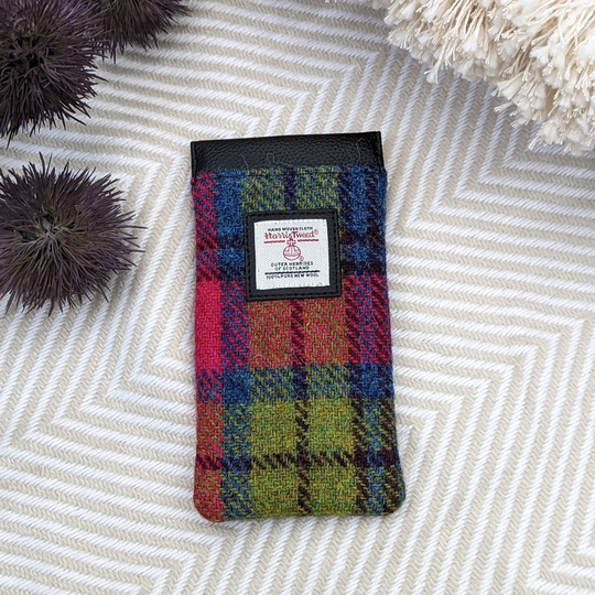 Harris Tweed Glasses Sleeve in Blue Pink/Check . Small Scottish Accessory , Gift For Friend
