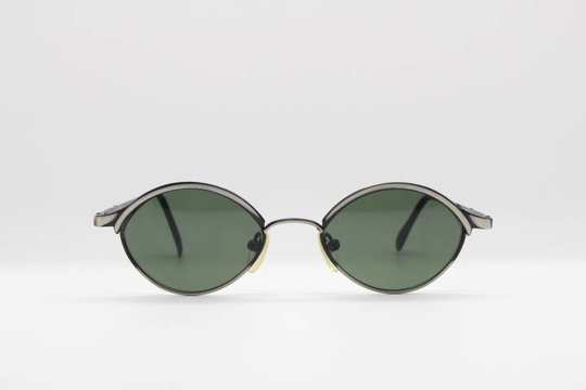 90S Vintage Oval Micro Sunglasses. Nos Tiny Brushed Satin Metal Frame With Green Lenses. Club Kids. Steampunk. Rave