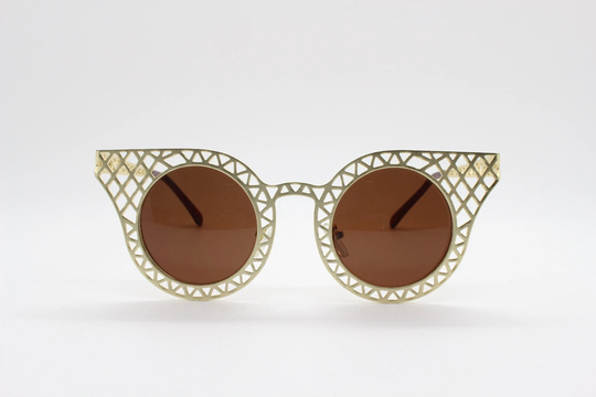 Y2K Vintage Metal Cat Eye Sunglasses. Women's Extraordinary Gold Cut Out Lattice Scaffold Cateye Frame With Brown Lenses. 2000S. Bnwt