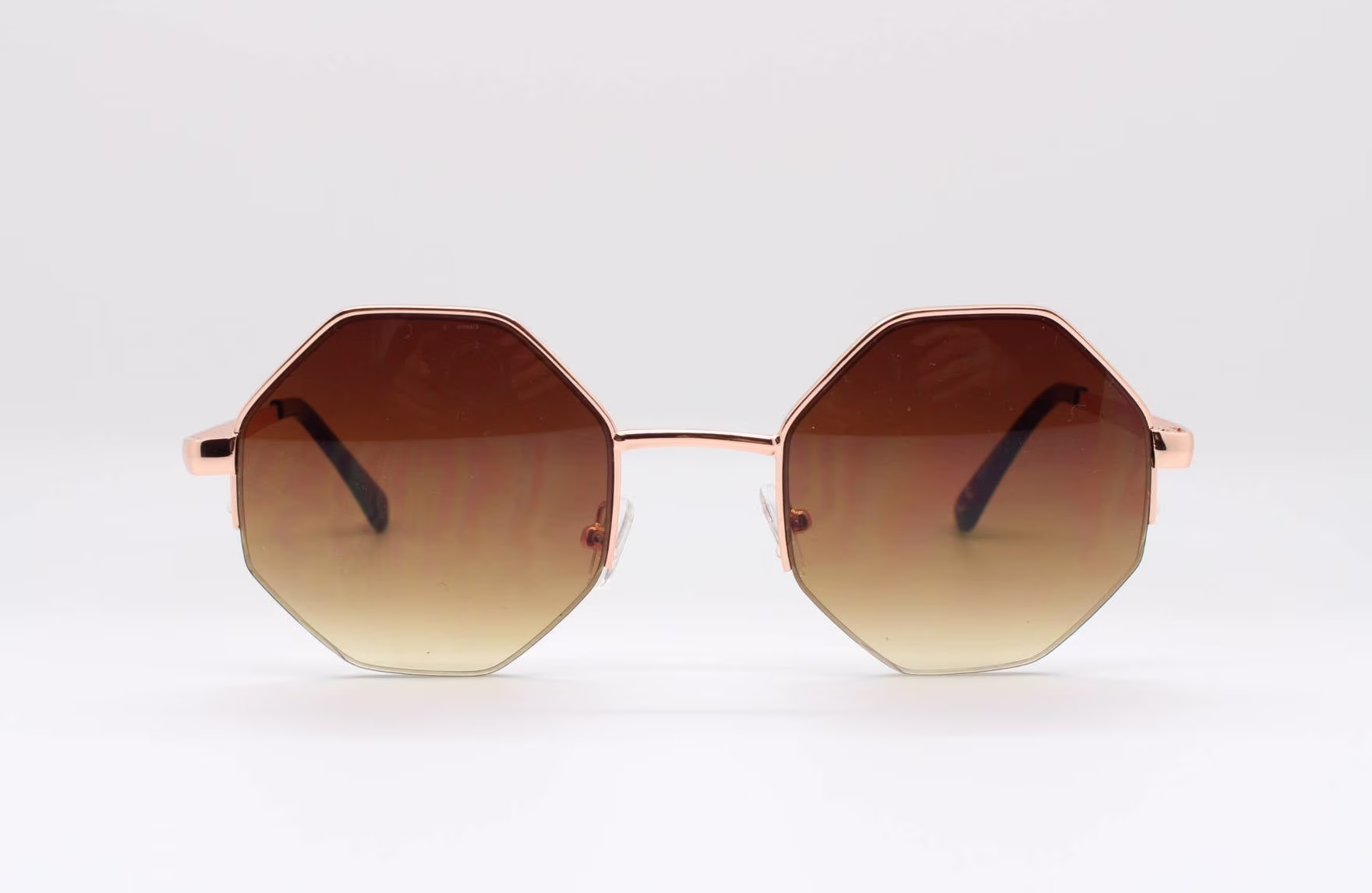 90S Vintage Octagon Sunglasses. Brown 8 Sided 60S Style Glasses With Minimal Half Frame & Gold Arms. Hexagon