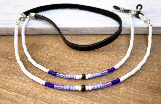 Purple Beaded Western Eyeglass Chain With Black Leather. Cord Strap Holder For Sunglasses Readers & Reading Glasses. Minimalist Eyewear