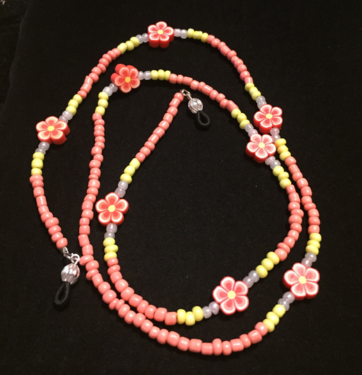 Peach & Yellow Flower Beaded Eyeglass Chain, 31 Inch, # 28