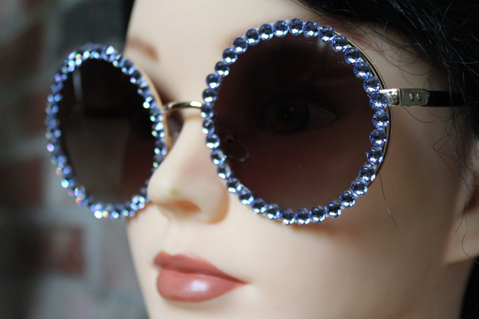 Circle Round Fancy Rhinestone Sunglasses - Light Blue Or Lt Pink Glass Crystal Circular Lens