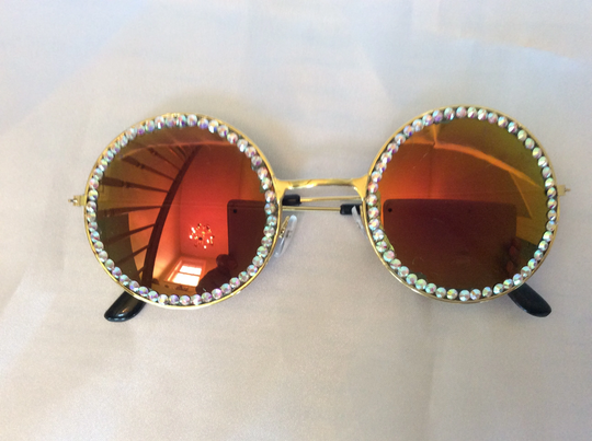 Orange Mirrored Lense With Green Hues, Swarovski Crystal Embellished, Vintage Look Round Frame, Womens Sunglasses