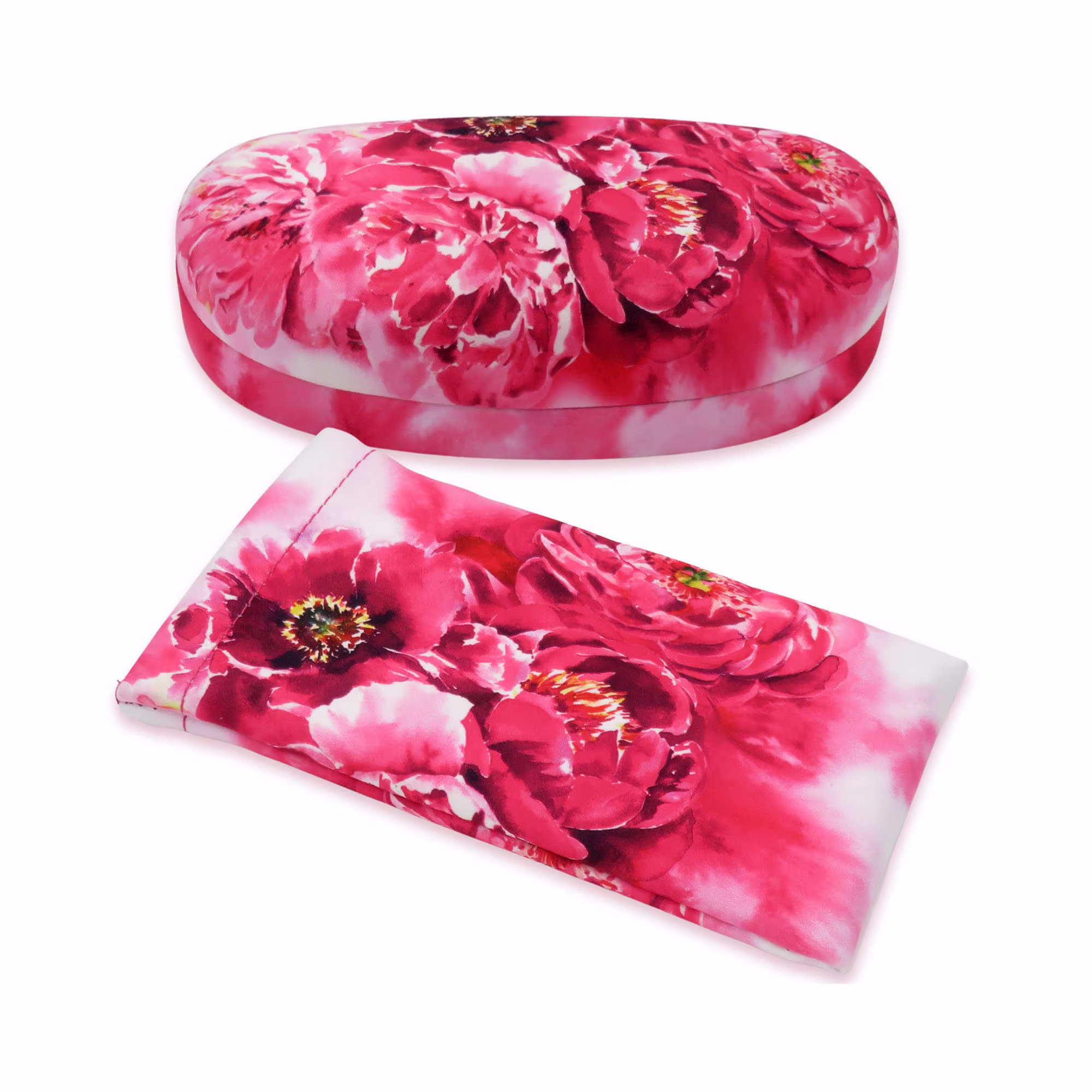 Gift Package A Hard Sunglasses Case & Soft Eyeglass Pouch, Glasses Holder - in Floral Print | As113 + Ct2 Pink Peonies